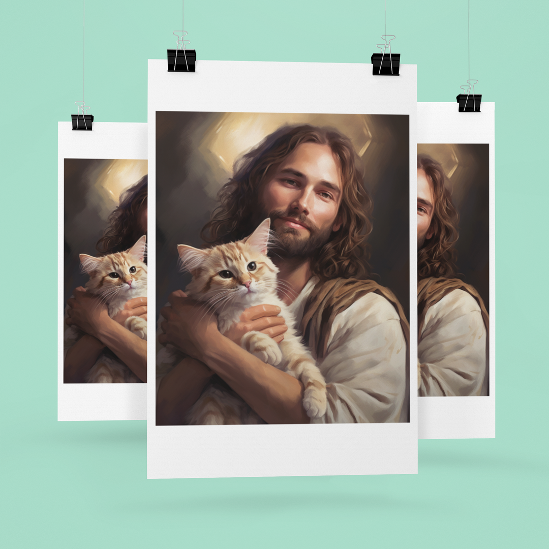 Jesus with Cat Christian Art Print 8" x 10"