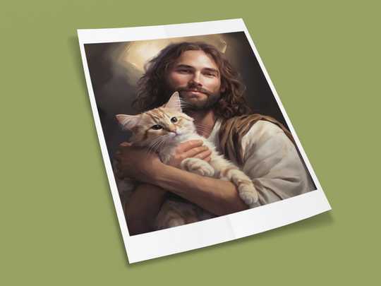 Jesus with Cat Christian Art Print 8" x 10"