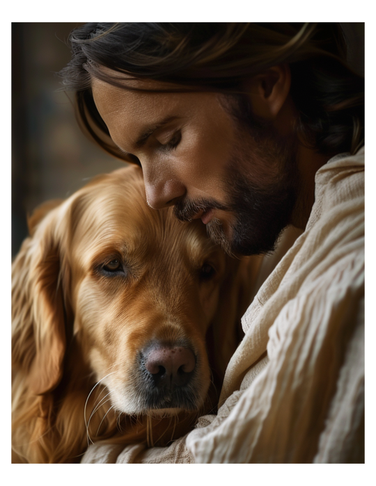 Jesus with Golden Retriever Dog Christian Art Print 8" x 10"