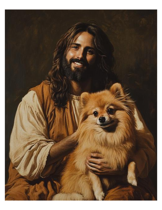 Jesus with Pomeranian Dog Christian Art Print 8" x 10"