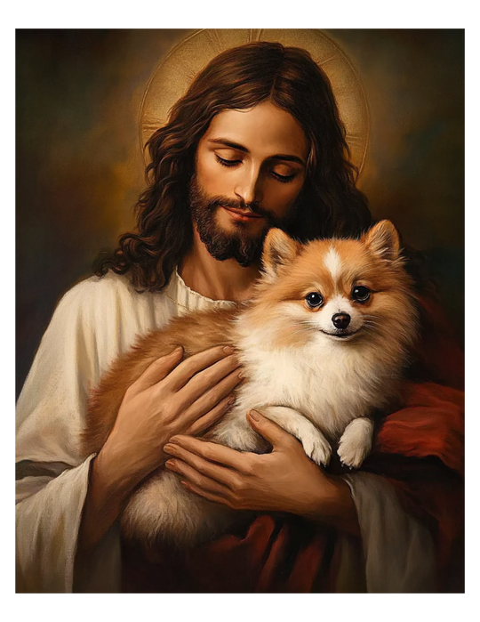 Jesus with Pomeranian Dog Christian Wall Art Print 8" x 10"