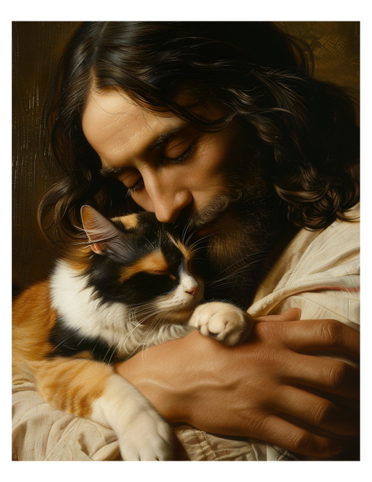 Jesus with Calico Cat Christian Art Print 8" x 10"