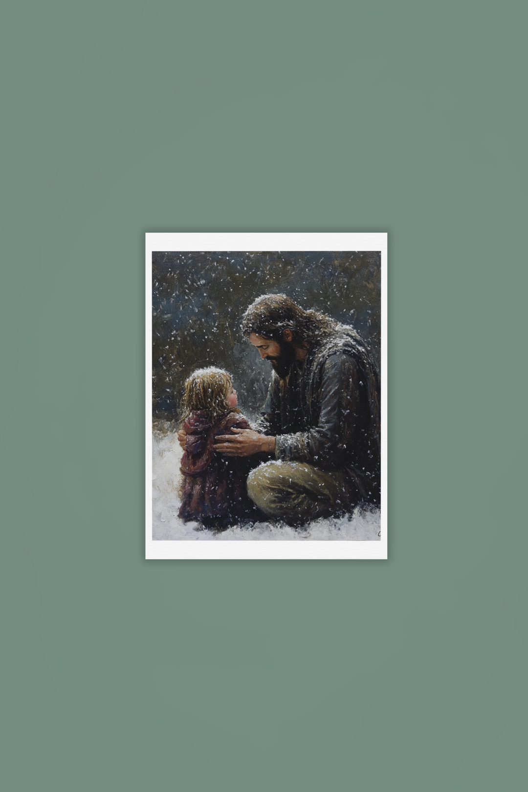 Jesus and child in the snow Winter Art Print 8" x 10"