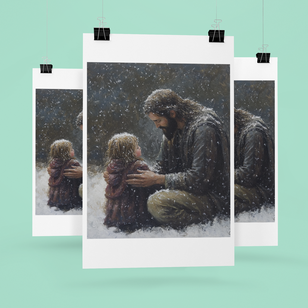 Jesus and child in the snow Winter Art Print 8" x 10"