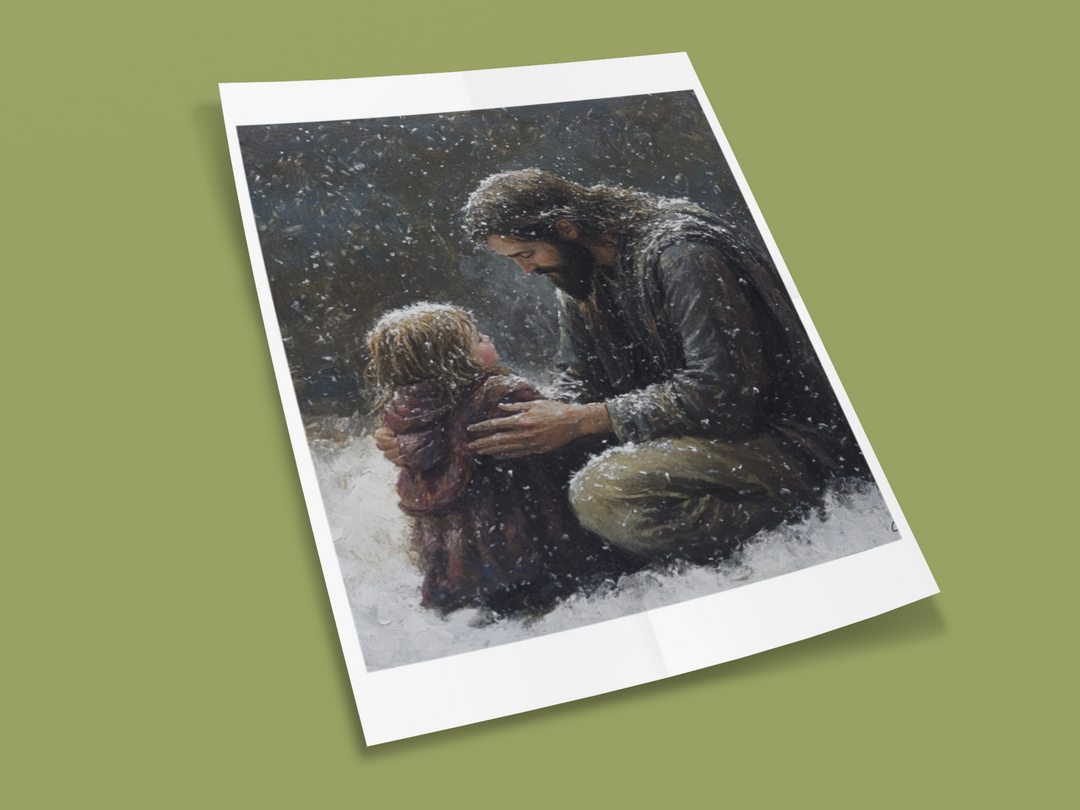 Jesus and child in the snow Winter Art Print 8" x 10"