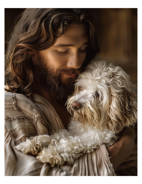 Jesus with Labradoodle Dog Christian Art Print 8" x 10"