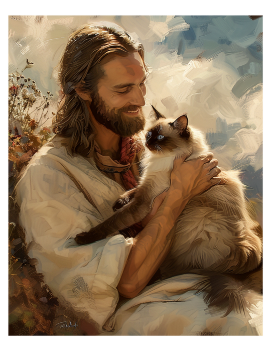 Jesus with Siamese Cat Christian Art Print 8" x 10"