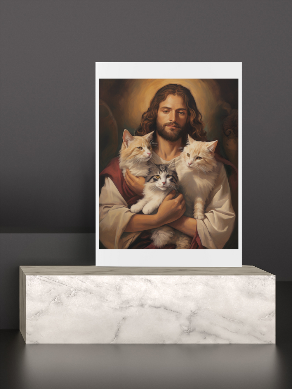 Jesus with Three Cats Christian Art Print 8" x 10"