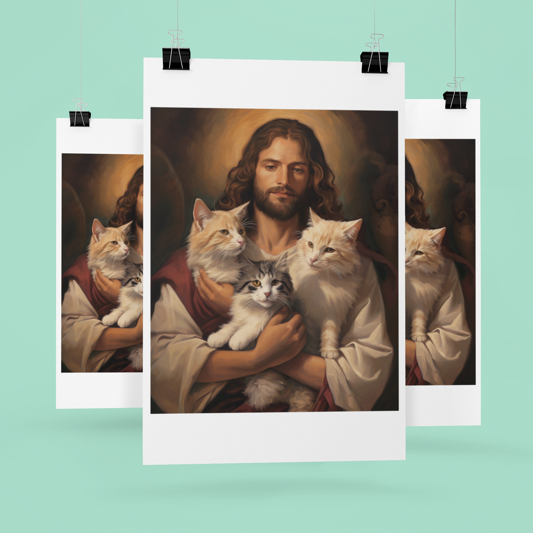 Jesus with Three Cats Christian Art Print 8" x 10"