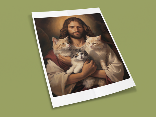 Jesus with Three Cats Christian Art Print 8" x 10"