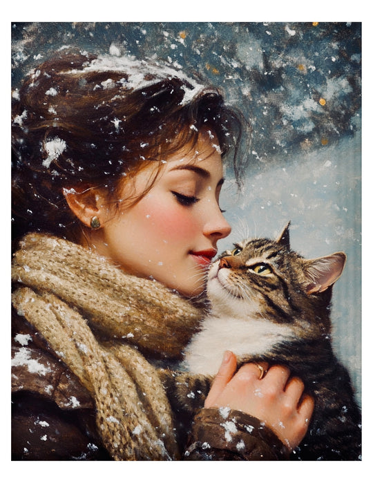 Cat with Girl in the Snow Winter Art Print 8" x 10"