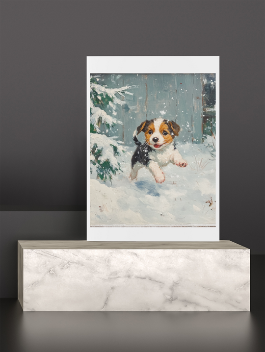 Puppy playing in the snow Winter Art Print 8" x 10"