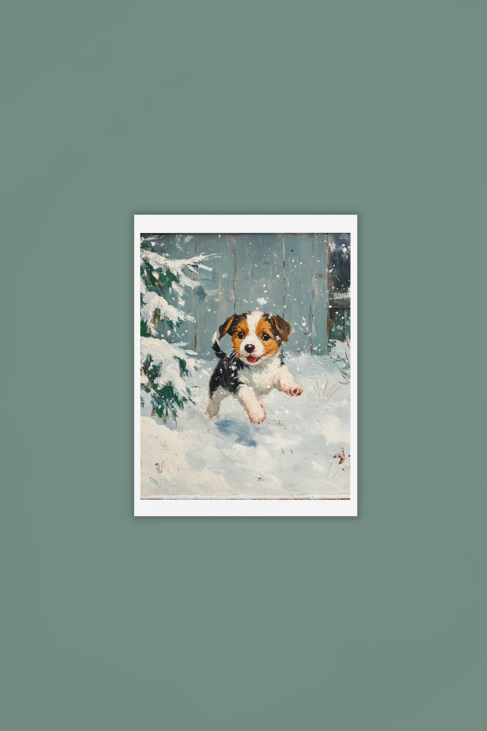 Puppy playing in the snow Winter Art Print 8" x 10"