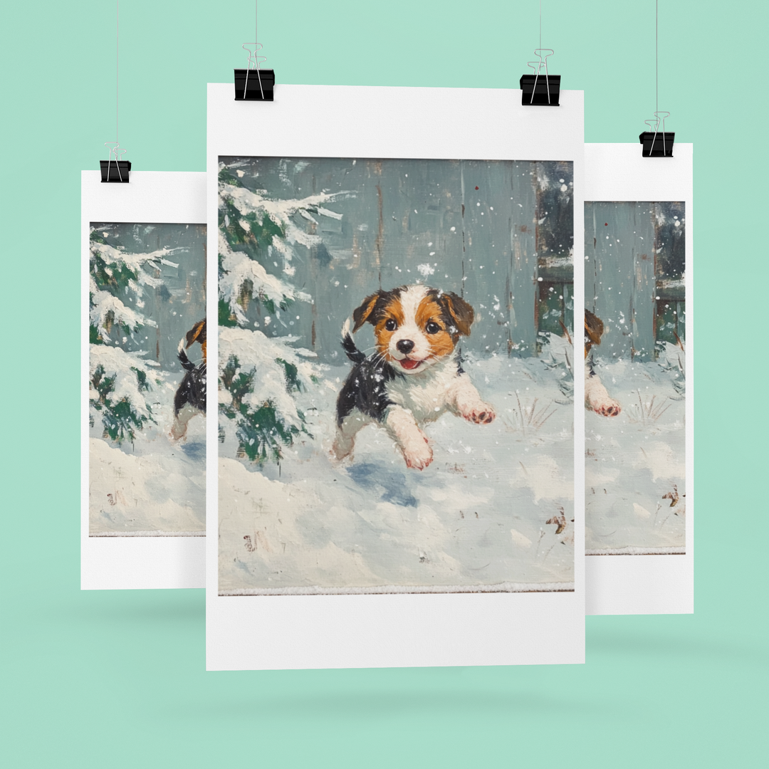 Puppy playing in the snow Winter Art Print 8" x 10"