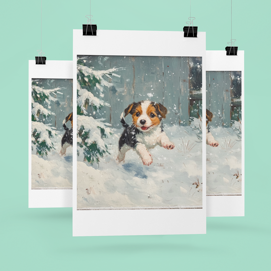 Puppy playing in the snow Winter Art Print 8" x 10"