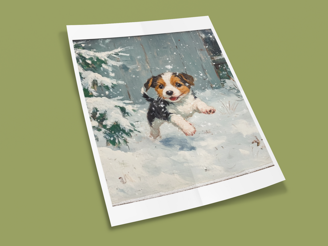 Puppy playing in the snow Winter Art Print 8" x 10"