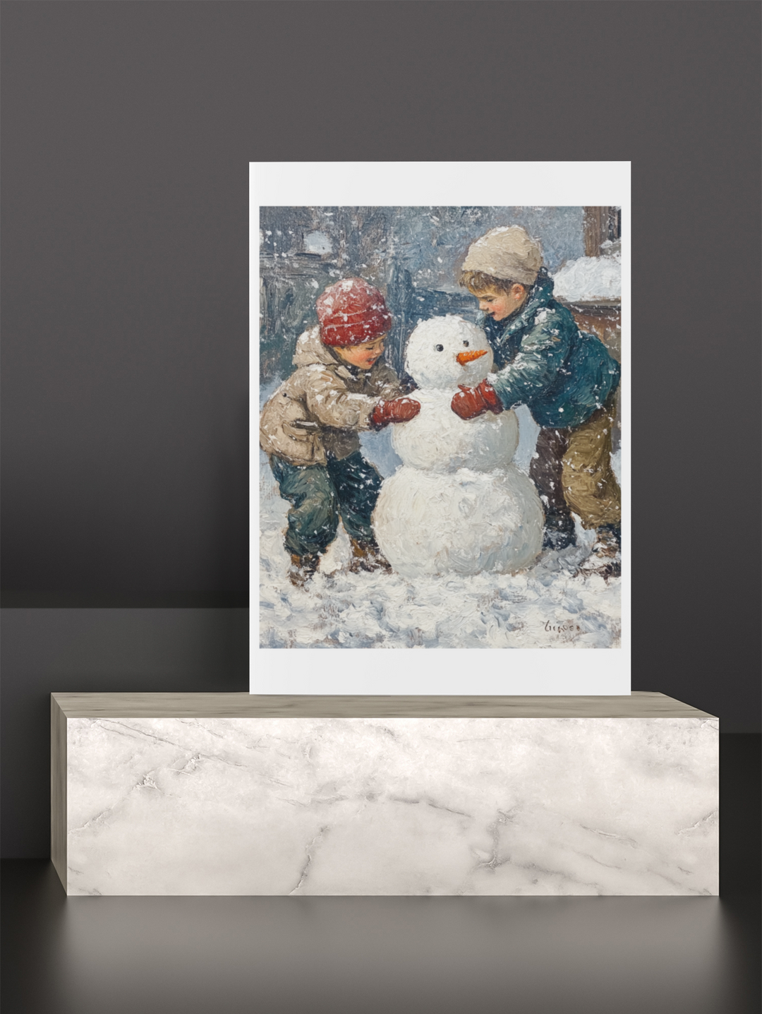 Two kids building a snowman Winter Art Print 8" x 10"