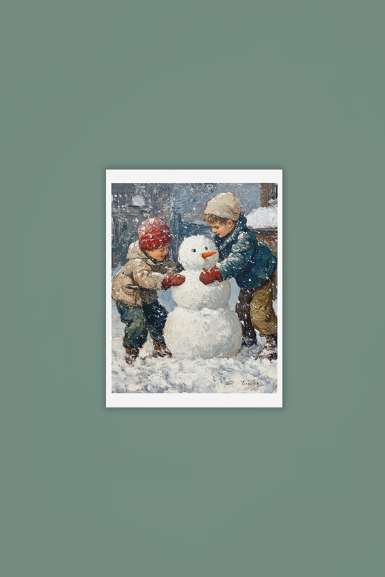 Two kids building a snowman Winter Art Print 8" x 10"