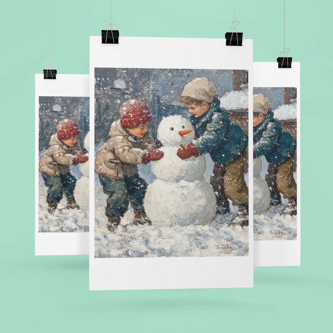 Two kids building a snowman Winter Art Print 8" x 10"