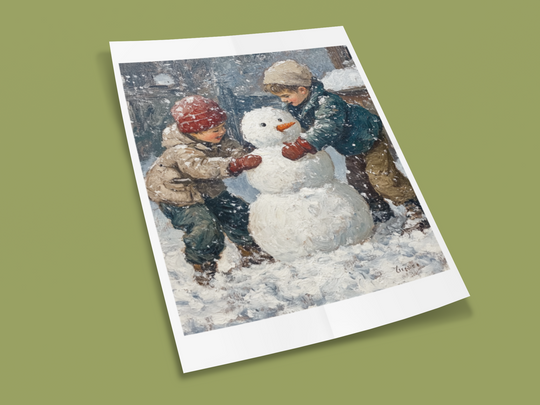 Two kids building a snowman Winter Art Print 8" x 10"