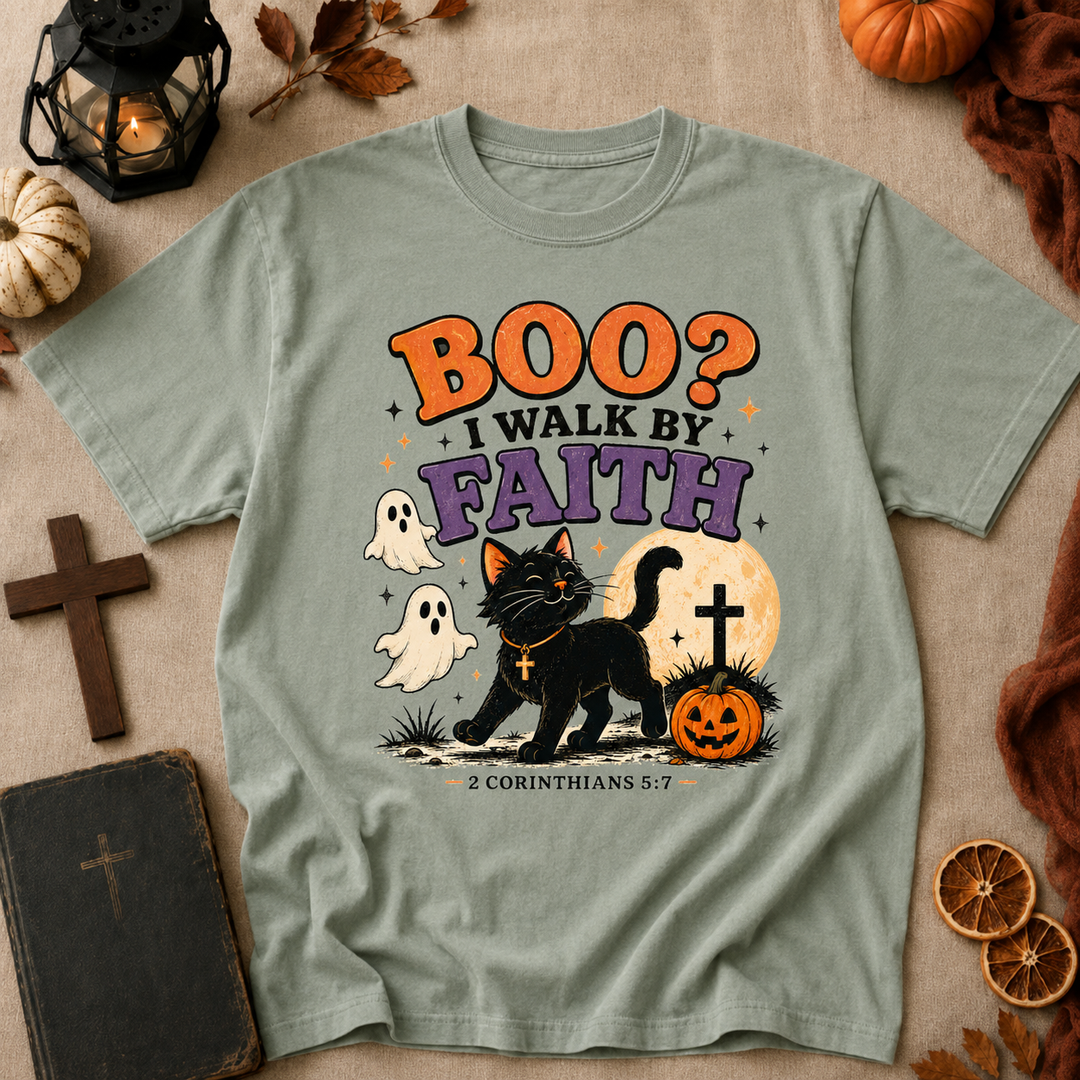 Halloween Faith T-Shirt — “Boo? I Walk By Faith” Black Cat Christian Graphic Tee