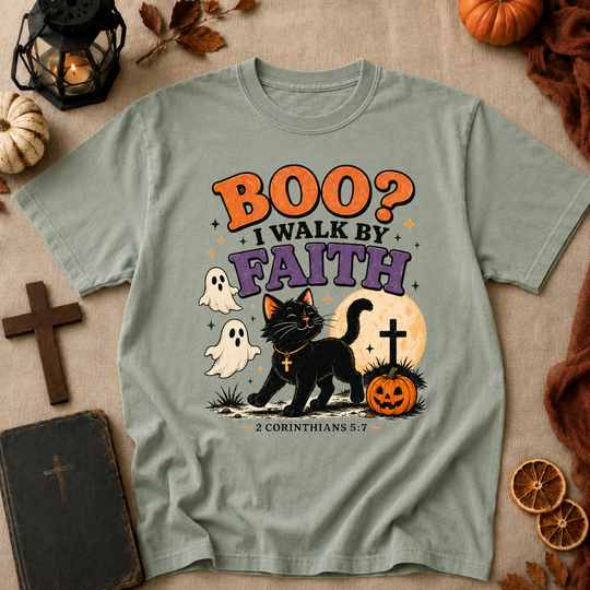 Halloween Faith T-Shirt — “Boo? I Walk By Faith” Black Cat Christian Graphic Tee