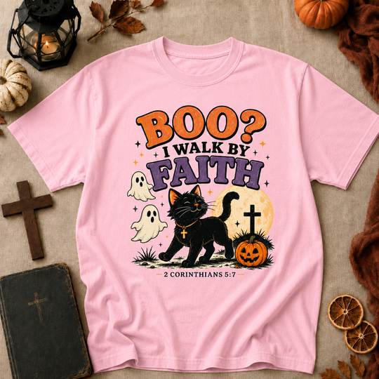 Halloween Faith T-Shirt — “Boo? I Walk By Faith” Black Cat Christian Graphic Tee