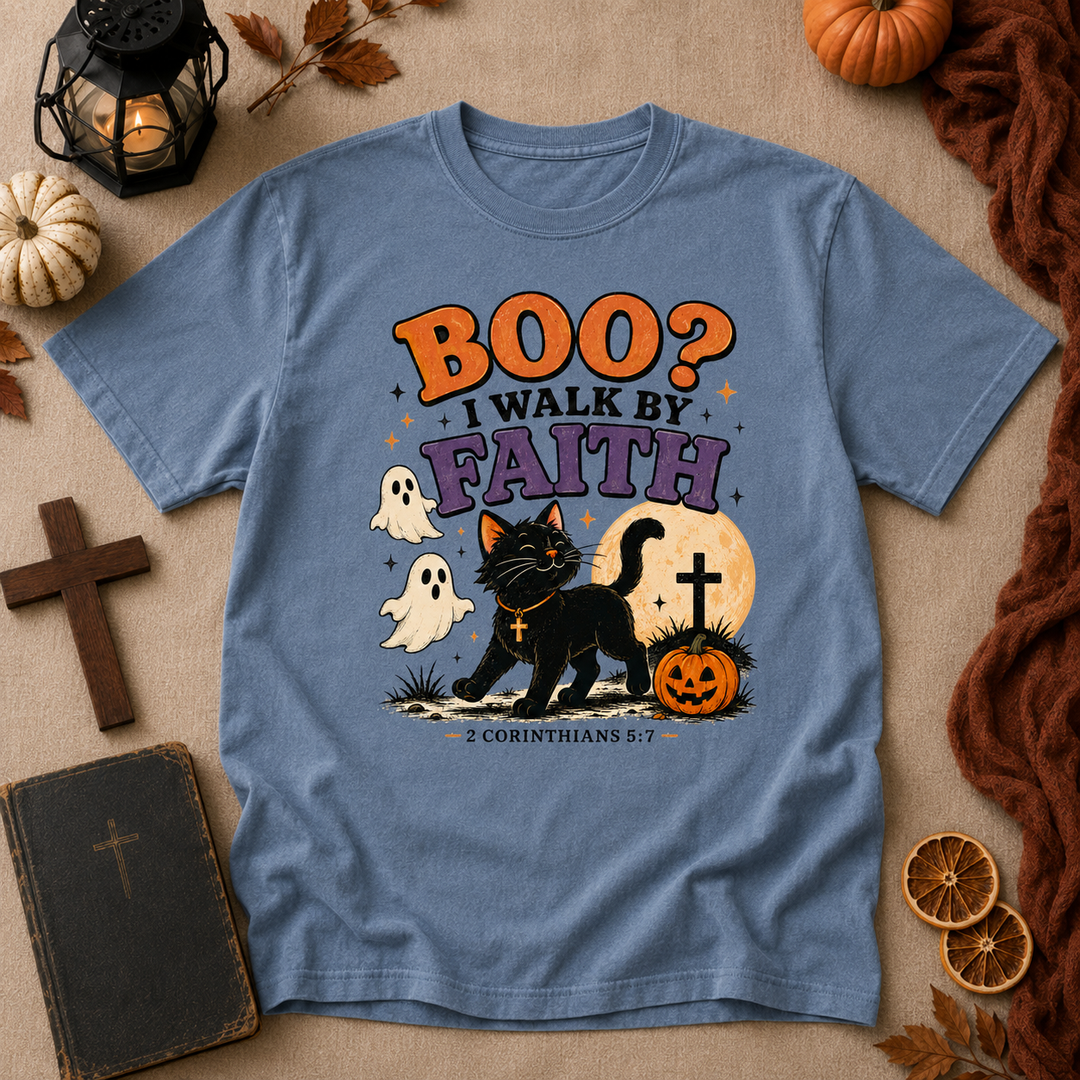 Halloween Faith T-Shirt — “Boo? I Walk By Faith” Black Cat Christian Graphic Tee