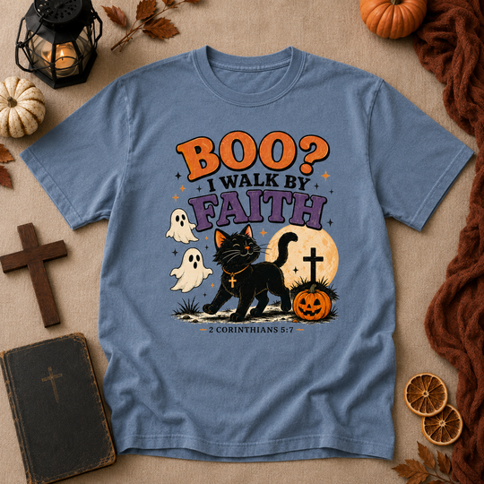 Halloween Faith T-Shirt — “Boo? I Walk By Faith” Black Cat Christian Graphic Tee