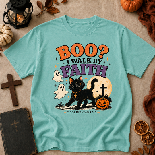Halloween Faith T-Shirt — “Boo? I Walk By Faith” Black Cat Christian Graphic Tee