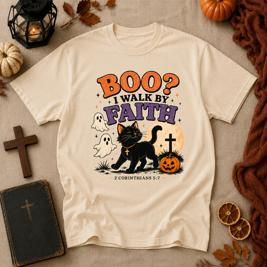 Halloween Faith T-Shirt — “Boo? I Walk By Faith” Black Cat Christian Graphic Tee