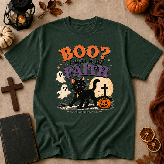 Halloween Faith T-Shirt — “Boo? I Walk By Faith” Black Cat Christian Graphic Tee