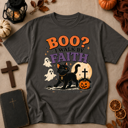 Halloween Faith T-Shirt — “Boo? I Walk By Faith” Black Cat Christian Graphic Tee
