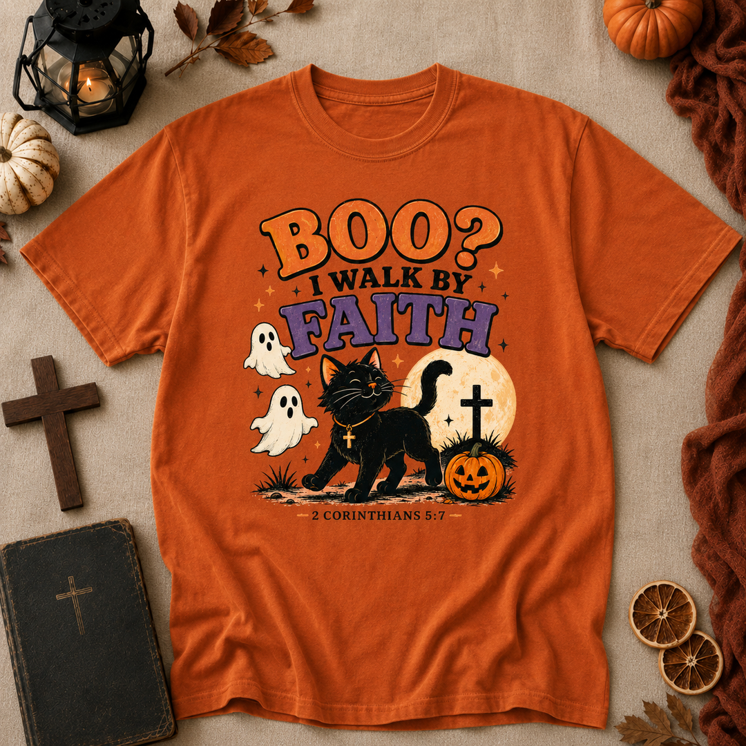 Halloween Faith T-Shirt — “Boo? I Walk By Faith” Black Cat Christian Graphic Tee