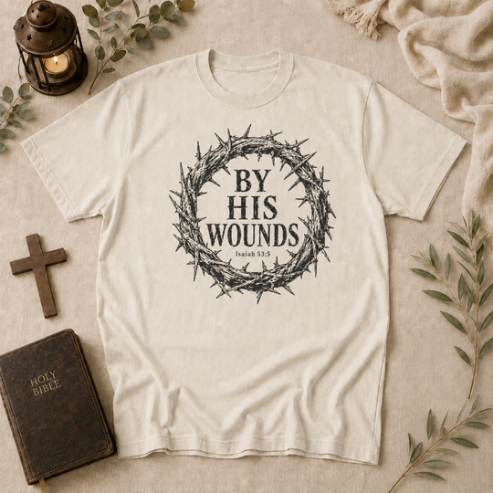 Christian 'By His Wounds' T-Shirt - Crown of Thorns Faith Tee