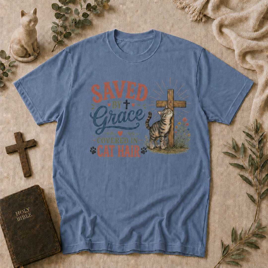 Saved By Grace Covered In Cat Hair Tee In Blue Jean #color_blue-jean
