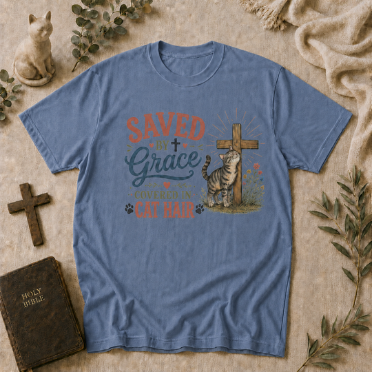 Saved By Grace Covered In Cat Hair Tee In Blue Jean #color_blue-jean
