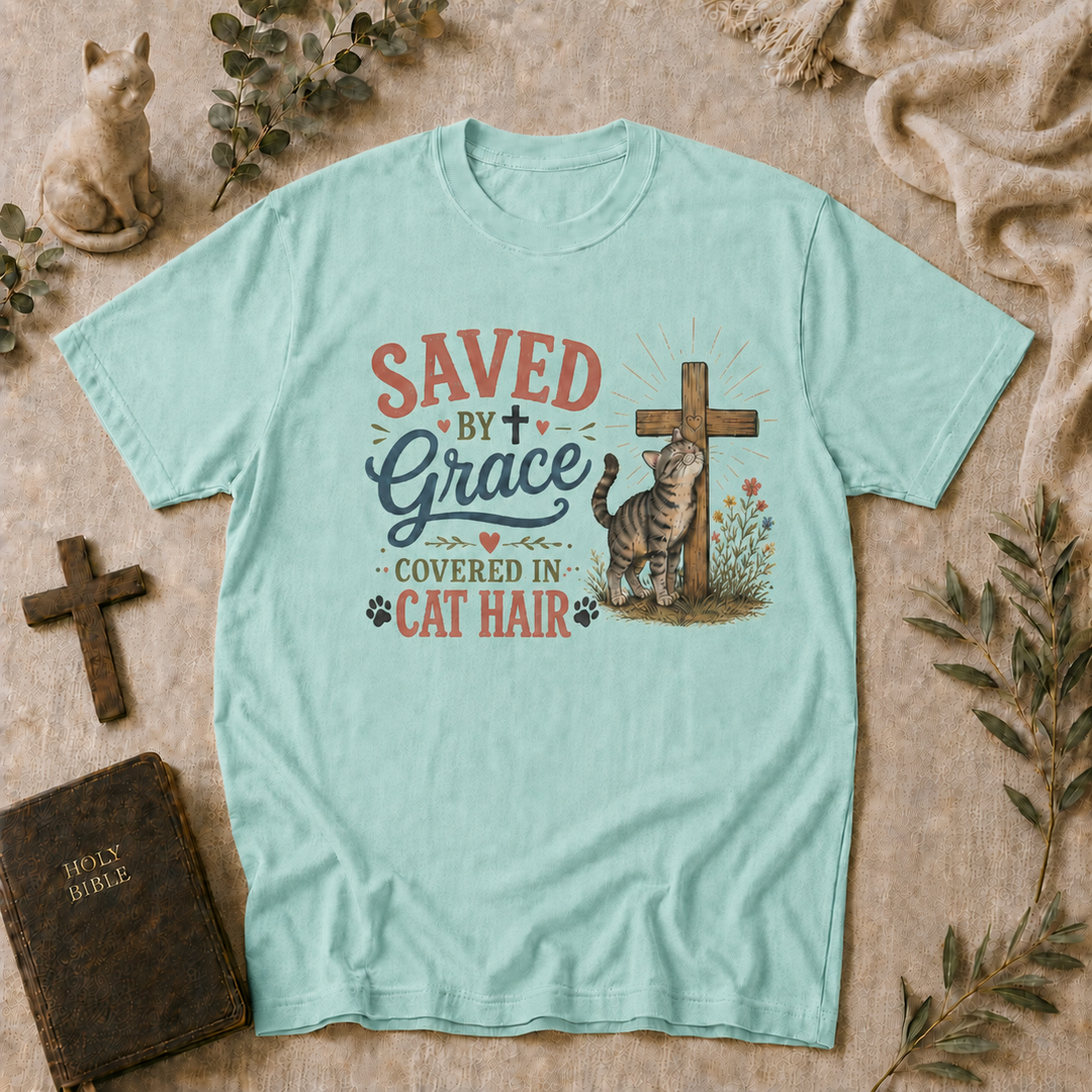 Saved By Grace Covered In Cat Hair Tee In Chalky Mint #color_chalky-mint