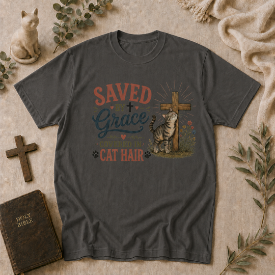 Saved By Grace Covered In Cat Hair Tee In Pepper #color_pepper
