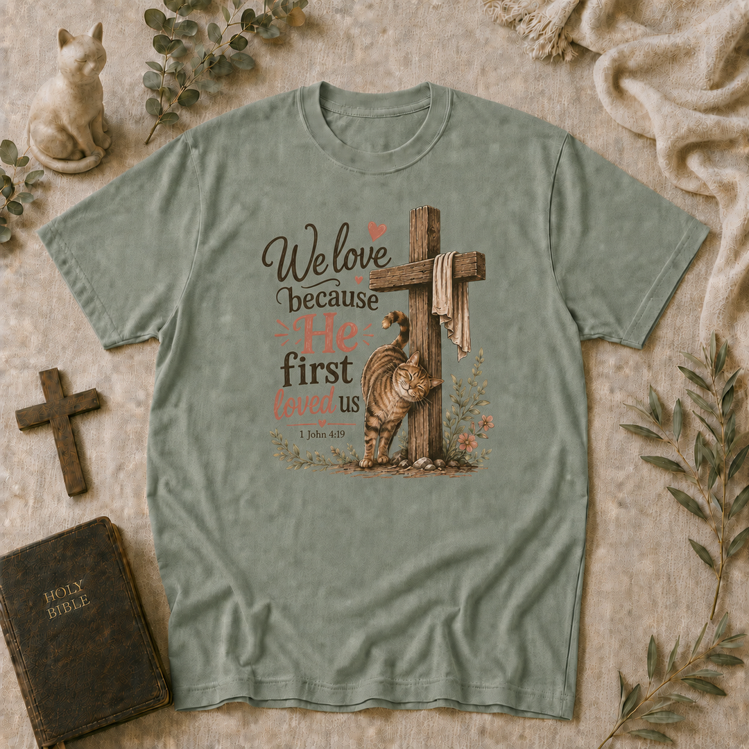 We Love Because He First Loved Us Cat Tee In Bay #color_bay