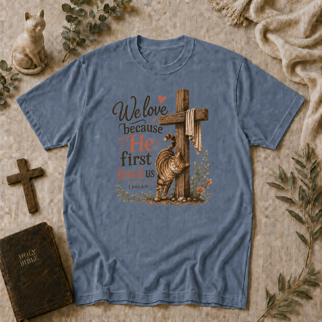 We Love Because He First Loved Us Cat Tee In Blue Jean #color_blue-jean