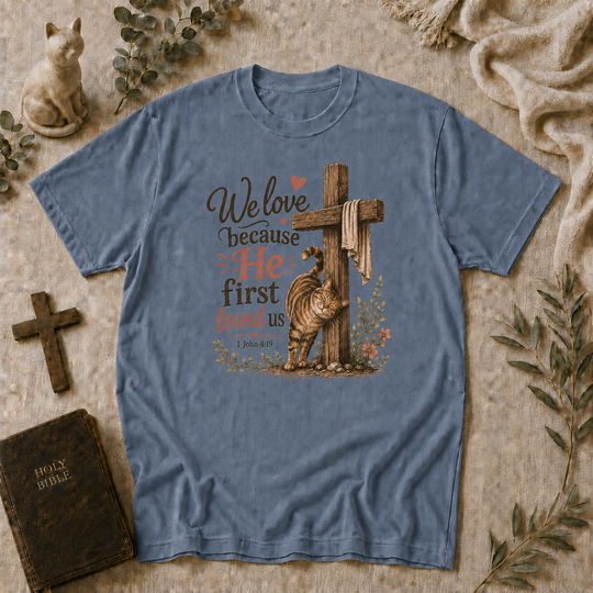 We Love Because He First Loved Us Cat Tee In Blue Jean #color_blue-jean