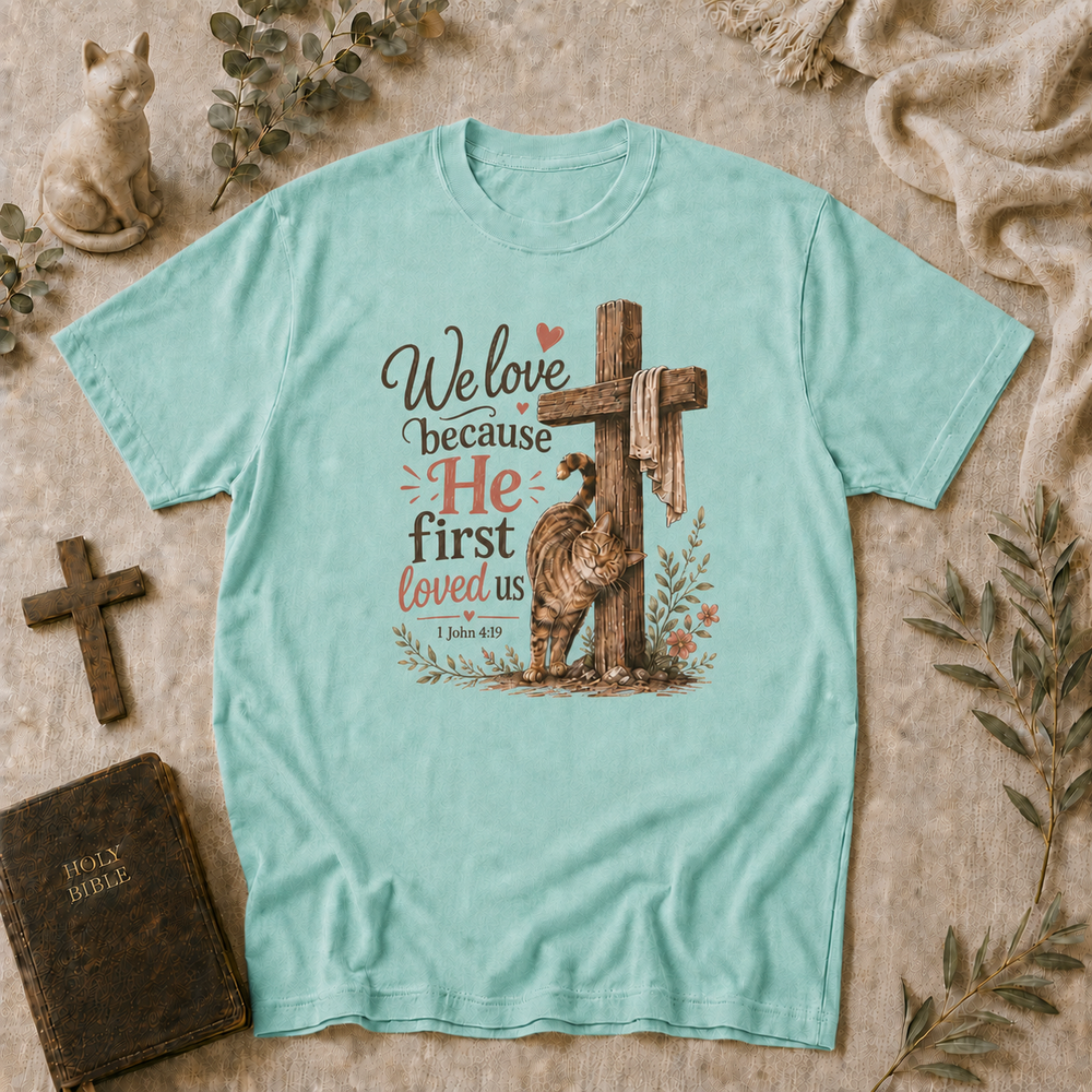 We Love Because He First Loved Us Cat Tee In Chalky Mint #color_chalky-mint