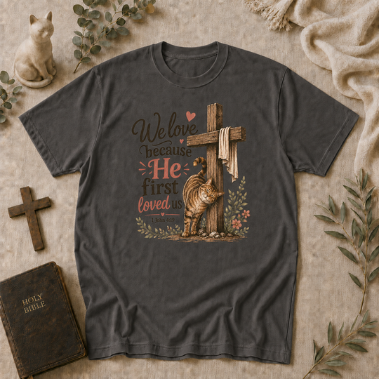 We Love Because He First Loved Us Cat Tee In Pepper #color_pepper