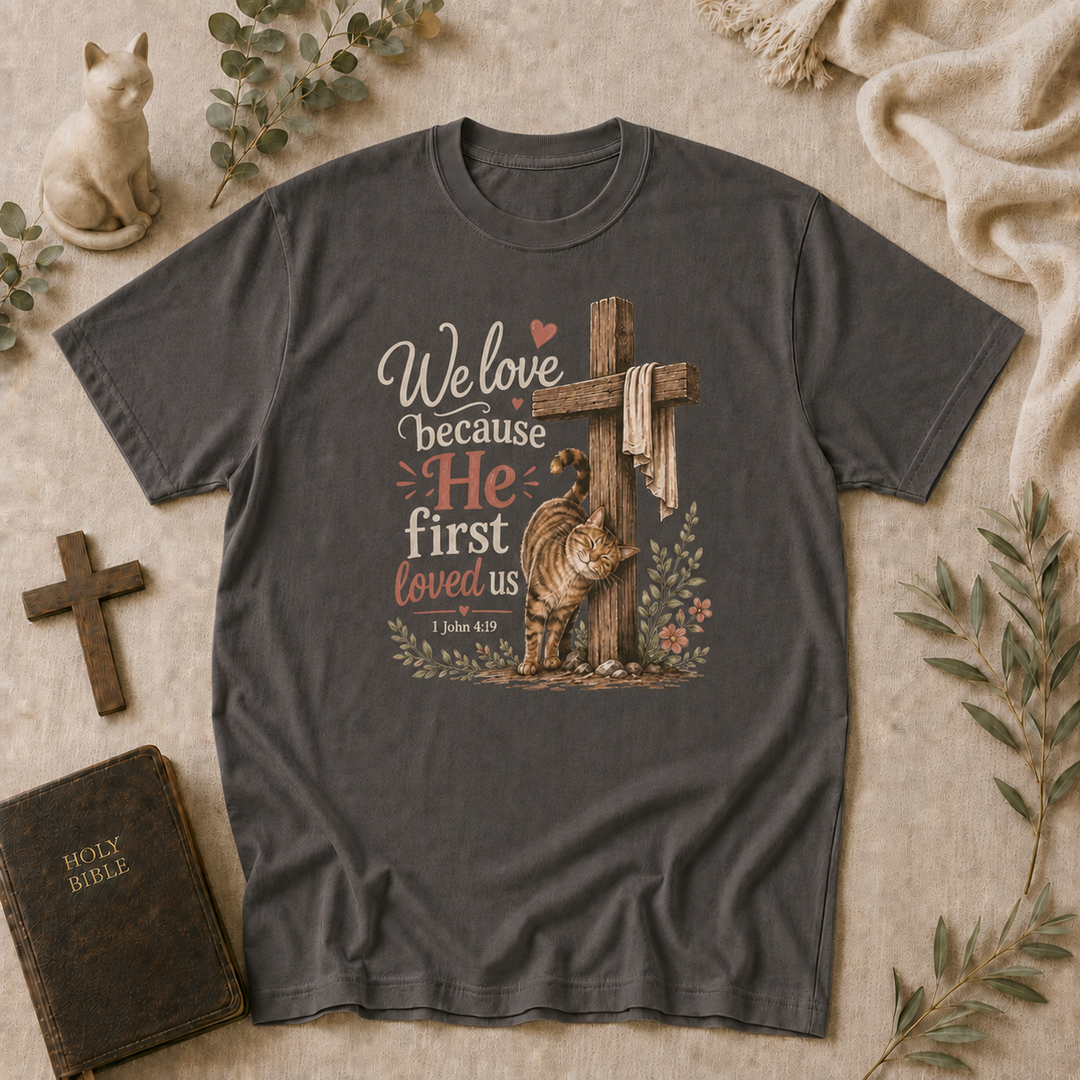 We Love Because He First Loved Us Cat Tee In Pepper #color_pepper