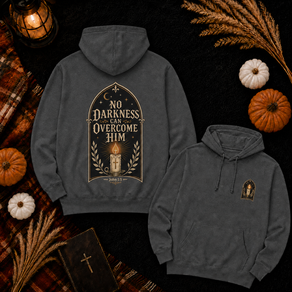No Darkness Can Overcome Him lantern John 1:5 hoodie in Dark Heather #color_dark-heather