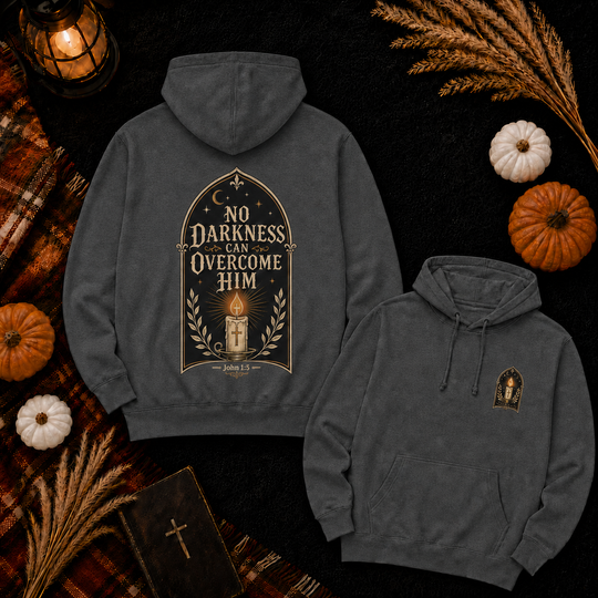 Hoodie — "No Darkness Can Overcome Him" Inspirational Lantern Hoodie