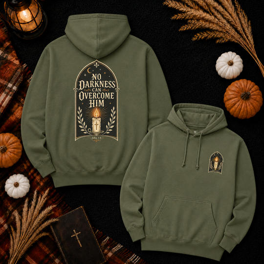Hoodie — "No Darkness Can Overcome Him" Inspirational Lantern Hoodie