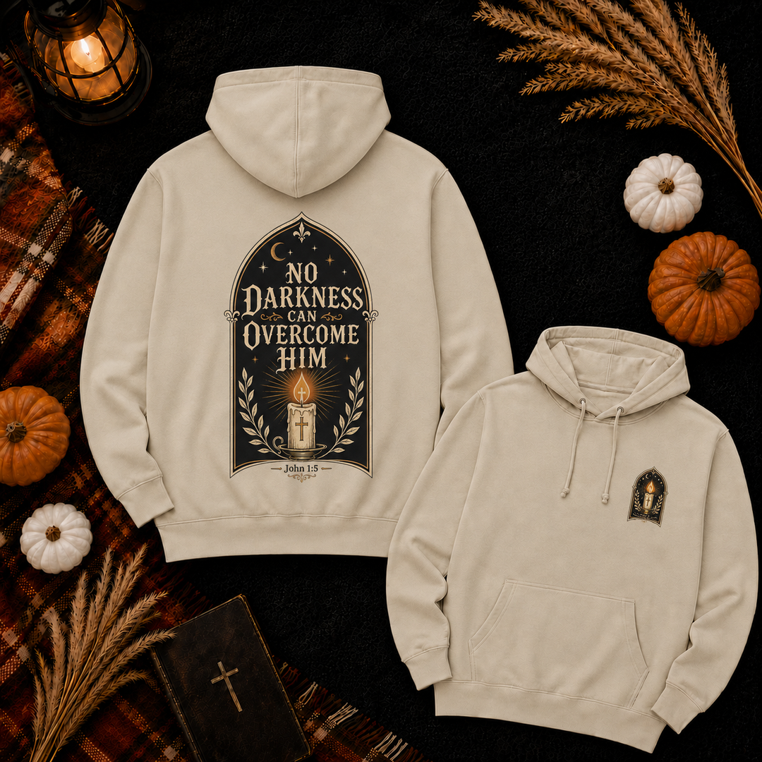 Hoodie — "No Darkness Can Overcome Him" Inspirational Lantern Hoodie
