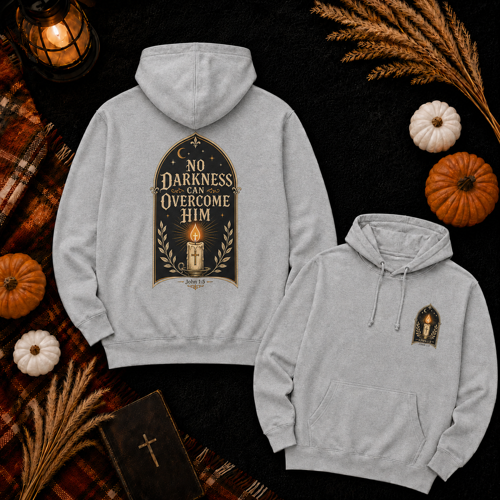 Hoodie — "No Darkness Can Overcome Him" Inspirational Lantern Hoodie